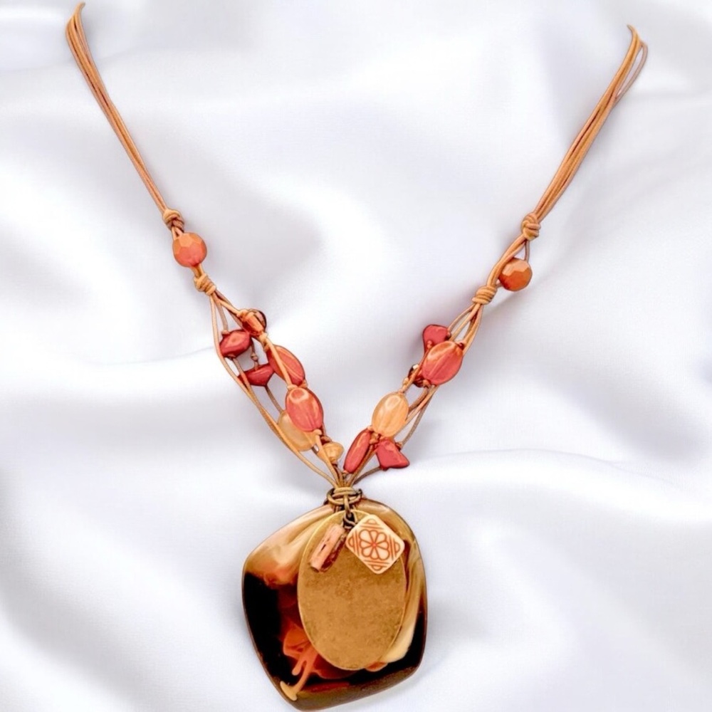 Signed Avon Sea Glass & Brass Pendant, Carnelian & White Agates Necklace